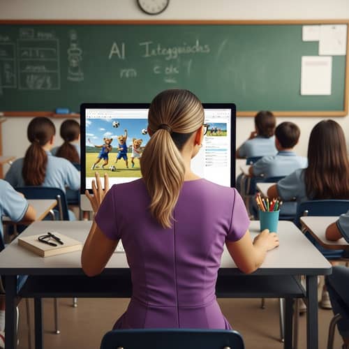 Female Teacher Using AI to Generate Humorous Animal Sports Images