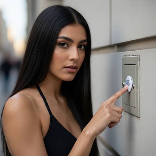 Ambiguous Gender Hispanic Model Pushing Button in Urban Setting