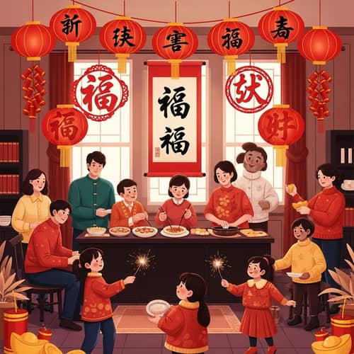 Chinese New Year Festive Scene with Lanterns, Firecrackers & Prosperity Blessings