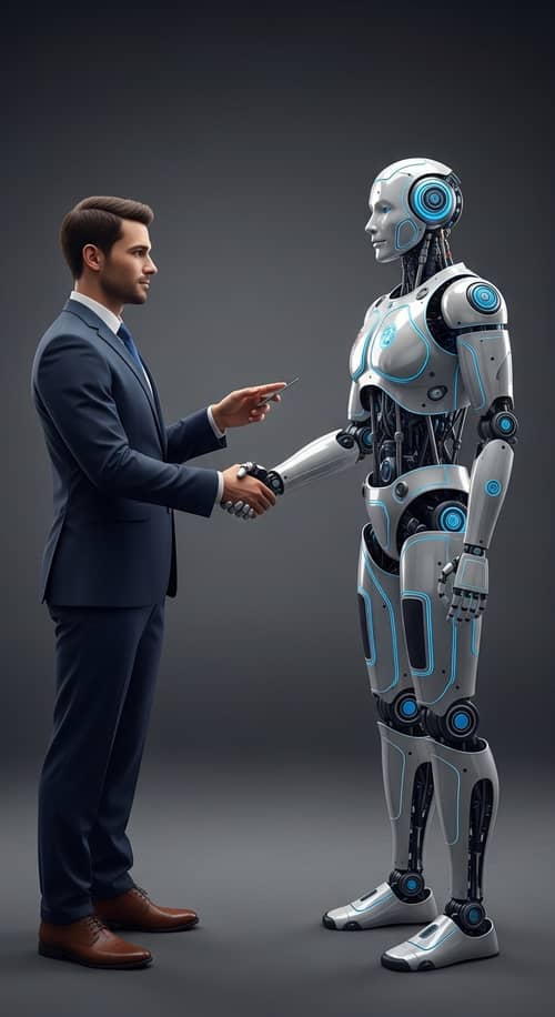 Professional Attorney and AI Robot Shaking Hands | Partnership Symbol