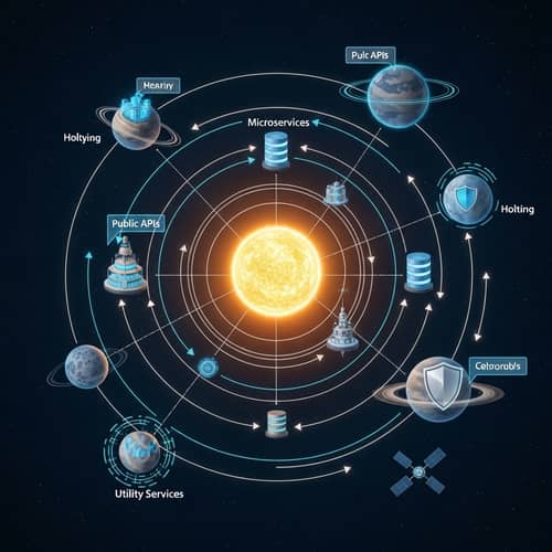 Microservices Architecture: Central Database and Interconnected Planets