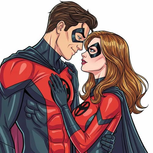 Male and Female Superheroes in Vibrant Pop Art Scene