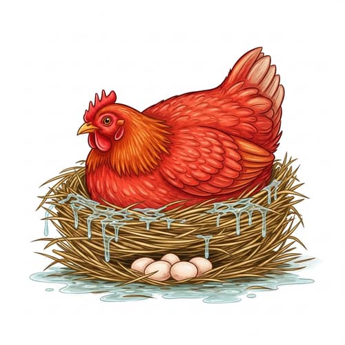 Bright Red Hen Sheltering in Nest with Eggs