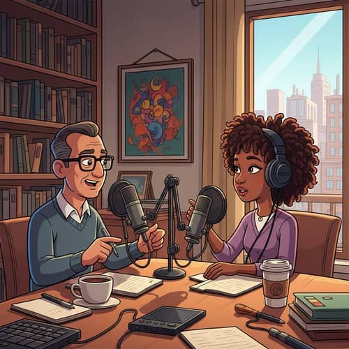 Engaging Podcast Recording in Cartoon Setting
