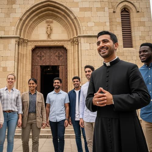Priest's Gathering at Ancient Church with Diverse Friends