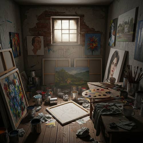 Chaotic Room Filled with Paint Cans and Artwork | Artistic Mess