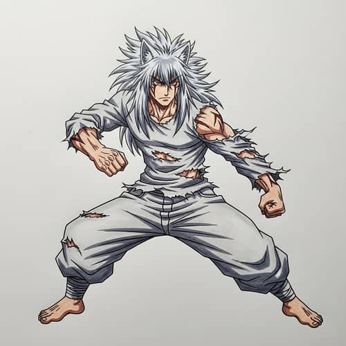 Muscular Anime-Style Character in Dynamic Fighting Pose