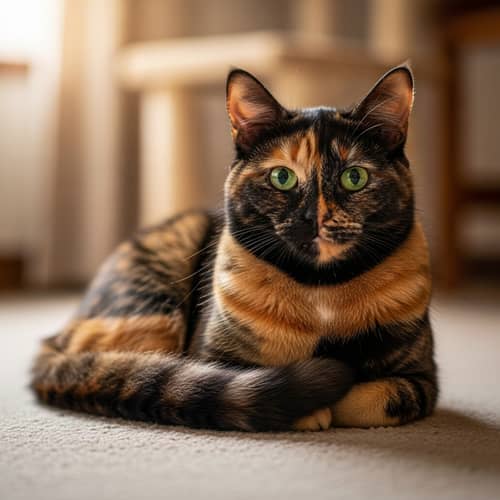 Vibrant Tortoiseshell Cat in Cozy Indoor Setting