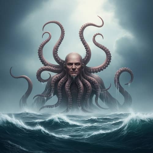 Kraken with Human Face: Mythical Marine Creature in Raging Ocean