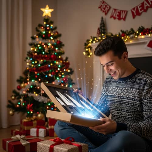Joyous Customer Unwrapping Gleaming Culinary Blades | Festive Room Scene
