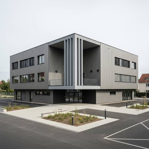 Modern Square-Shaped Schoolyard | Gray Wood Facade | 70m by 70m