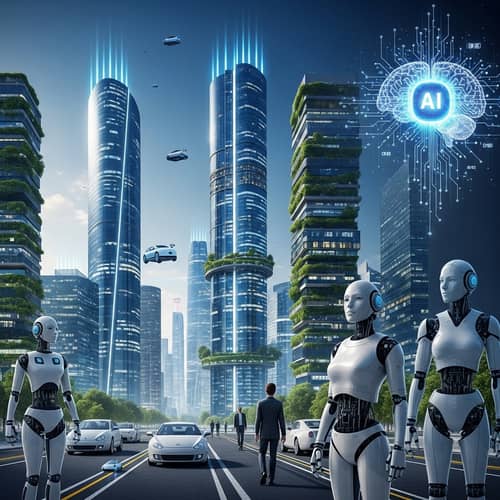 Futuristic World with AI: Towering Skyscrapers, Autonomous Vehicles & Humanoid Robots