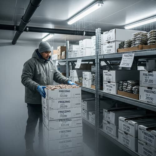 Cold Storage Room with Warehouse Worker Arranging Fish and Shrimp