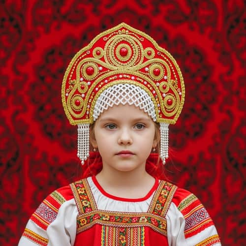 Blonde Girl in Traditional Kokoshnik Dress on Red Carpet