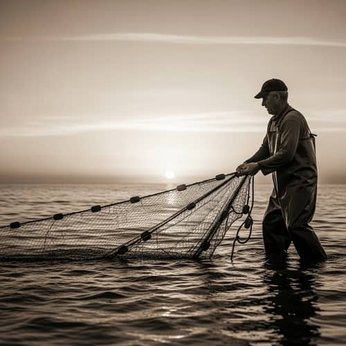 Vintage Fisherman Pulling Up Fishing Net from Sea