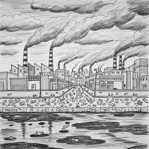 Pollution Sketch: Factories, Plastic Litter & Oil Spills