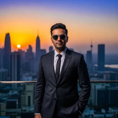 Stylish Indian Man in Suit with City Skyline at Sunset