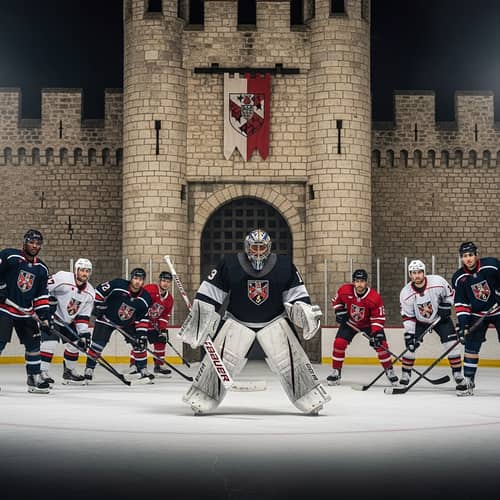 Medieval Knight Hockey Goalkeeper Defends Castle Gate