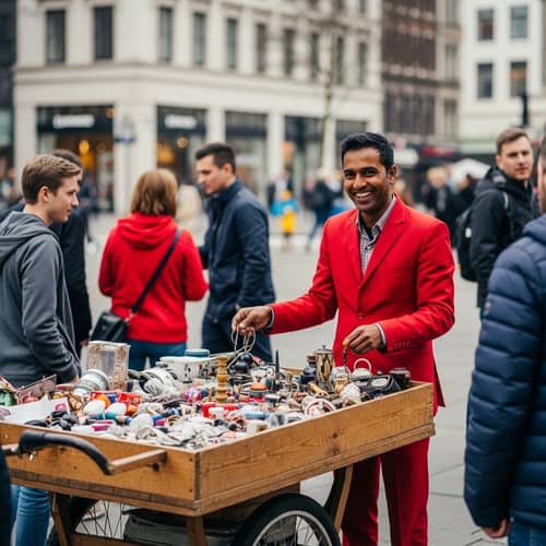 Vibrant South Asian Street Marketer in Red Suit - City Life Scene