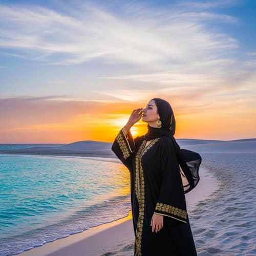 Serene Beach Landscape | Captivating Middle-Eastern Woman Silhouetted at Sunset