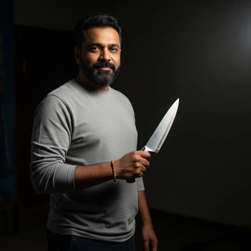 Middle-Aged South Asian Man with Kitchen Knife in Dim Room