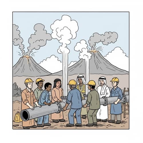 Diverse Workers Building Geothermal Power Plant Near Volcano