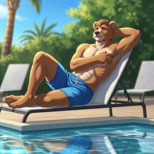 Male Bear Demi-Human by Pool in Casual Summer Look