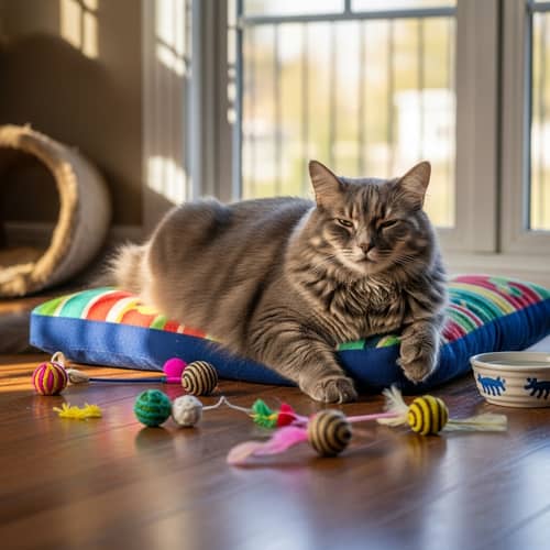 Fluffy Gray Domestic Cat Lounging on Plush Cushion