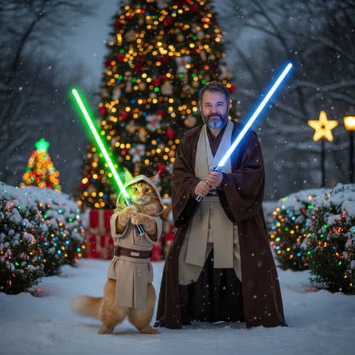Feline Jedi Duel with Human - Festive Holiday Scene