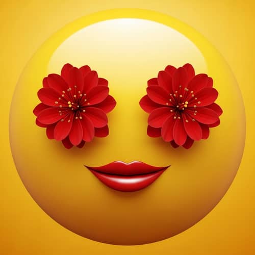 Bright Yellow Smile Emoji with Red Flower Eyes