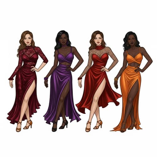 Latin Dance Costume Design Sketch for Four Women