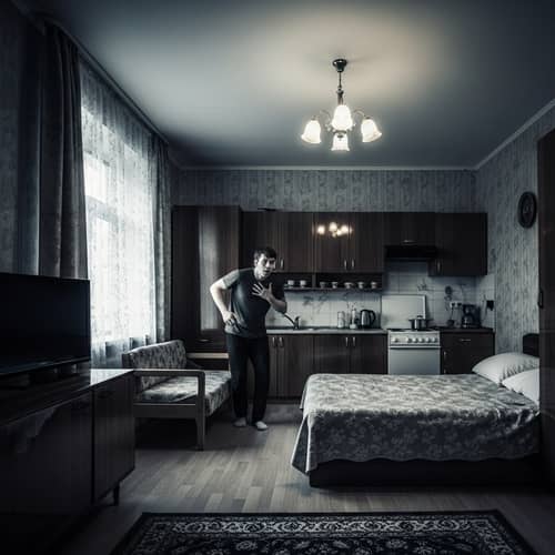 Vintage Soviet-style Scene of Young Man Alarmed at Home