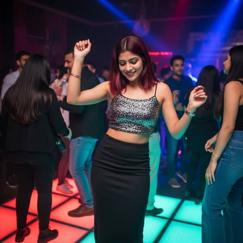 Vibrant Nightclub Dance Scene with South Asian Woman