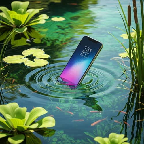 Modern Mobile Phone Accidentally Dropped in Tranquil Pond