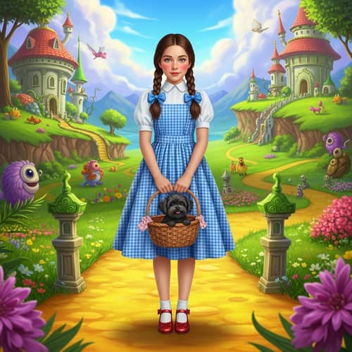 Quirky World: Teenage Girl in Blue and White Checkered Dress with Ruby-Red Slippers