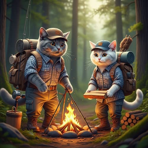Realistic Grey Tomcat in Camping Gear with White Cat in Forest