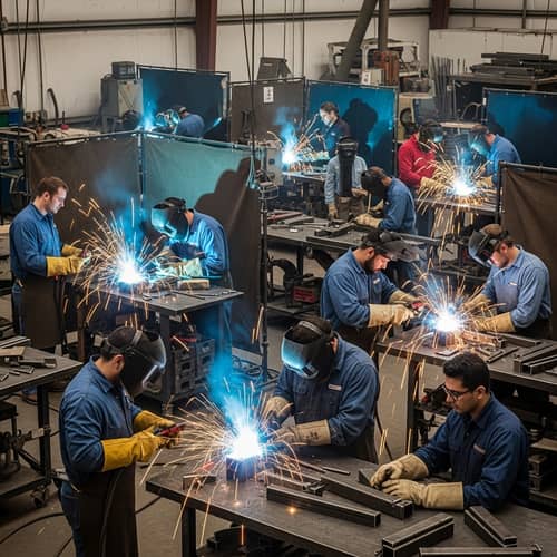 Mechanical Welding Workshop: Machinery, Tools, and Diverse Workforce