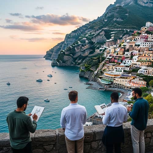 Diverse Men Enjoying Day on Amalfi Coast