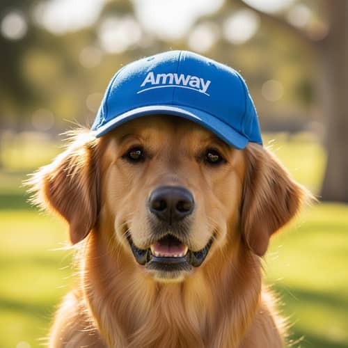 Dog in Amway Logo Cap