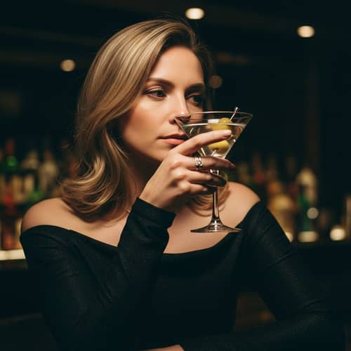 Hyper-Realistic Portrait of Blonde Woman in Elegant Night-time Attire with Martini Glass
