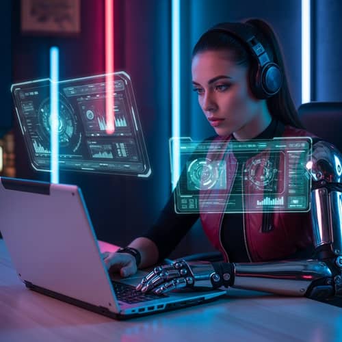 Futuristic European Woman Working Diligently in Cyberpunk Office