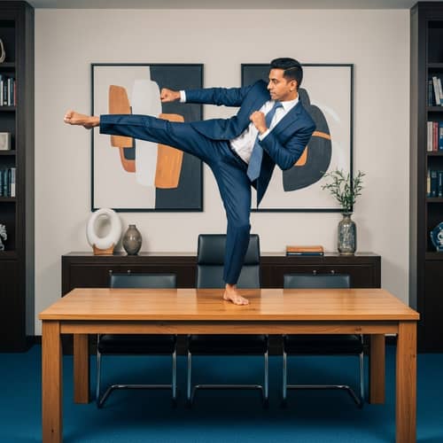 Business Executive Practicing Karate on Table