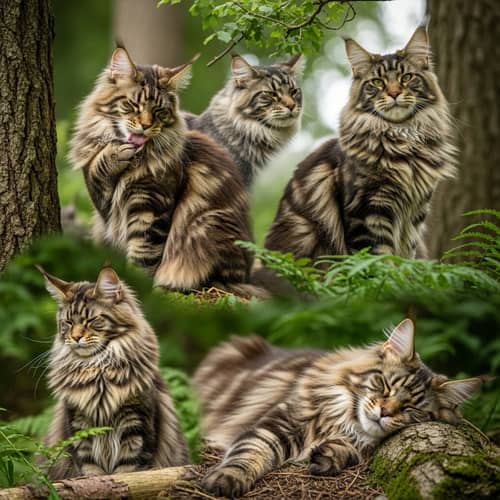 Luxurious Maine Coon Cats in Diverse Poses | Fluffy Fur, Large Ears, and Ruffs