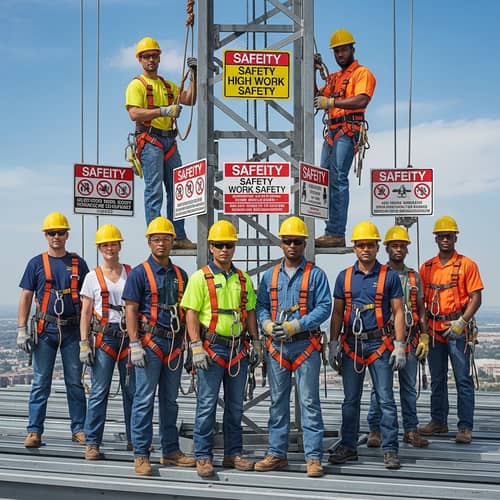Diverse Group of Construction Workers Ensuring High Work Safety