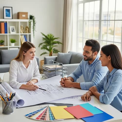 Interior Designer Presenting Blueprint to Homeowners in Stylish Office Setting