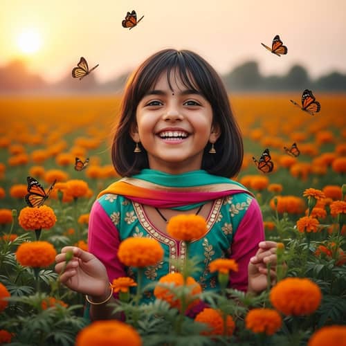 Young South Asian Girl in Colorful Traditional Dress Smiling in Marigold Field