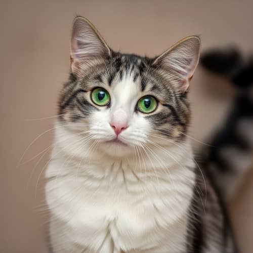 Fluffy Domestic Cat with Emerald Green Eyes - Unique Pattern
