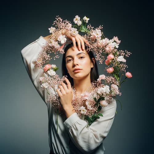 Dreamlike Portrait of Hispanic Woman and Levitating Flowers