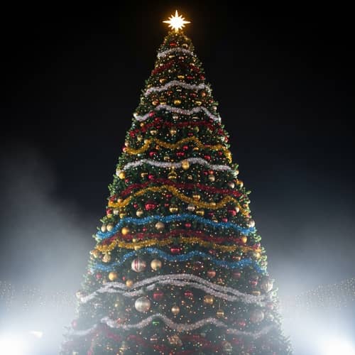 Magnificent Christmas Tree in Night Darkness with Twinkling Lights