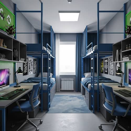 Modern Graphite Gray Dormitory Room with Metallic Blue and Electric Green Accents